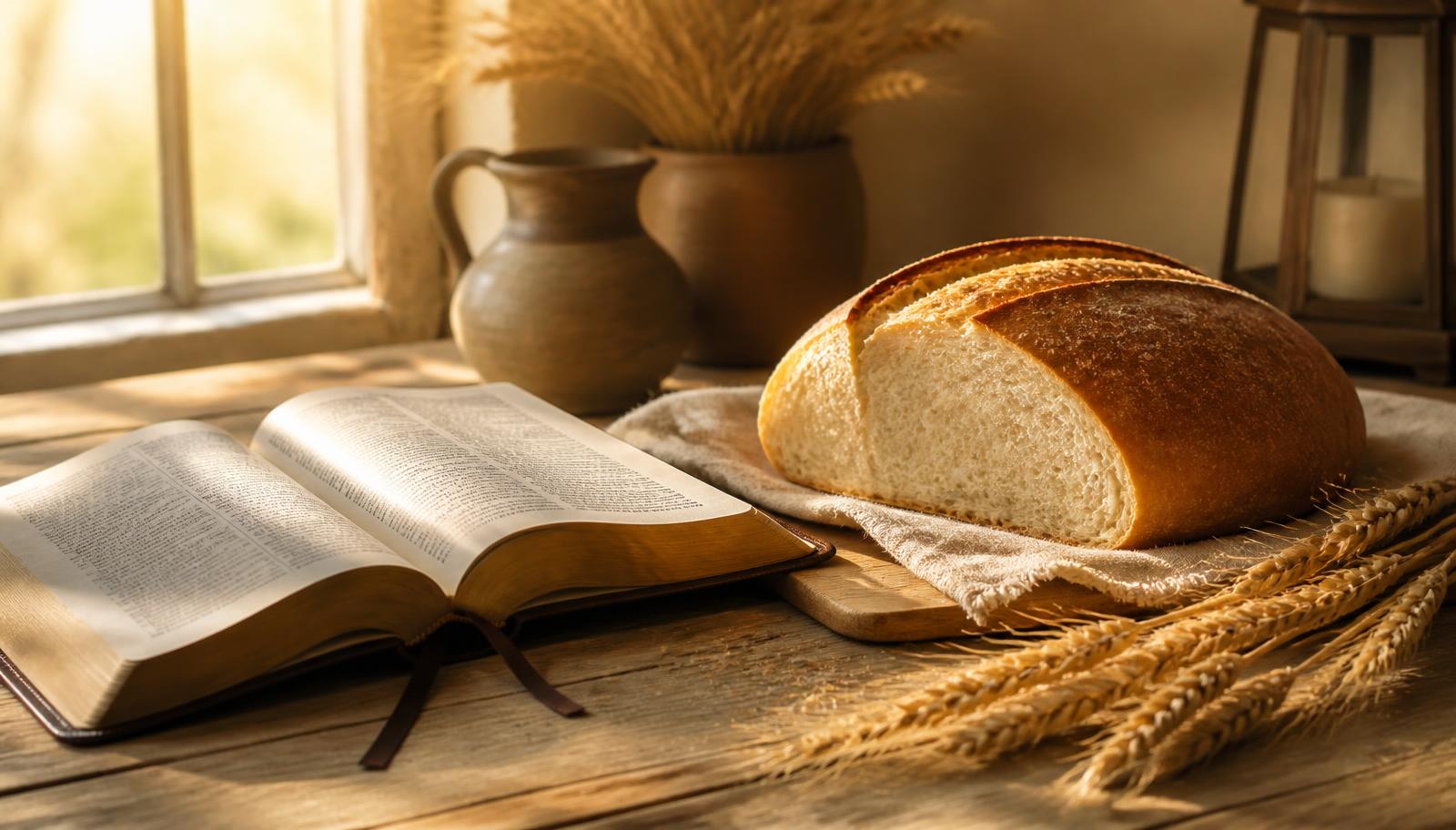A loaf of homemade bread beside an open Bible